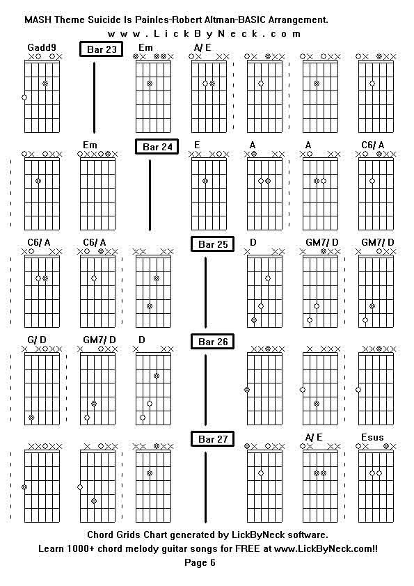 Chord Grids Chart of chord melody fingerstyle guitar song-MASH Theme Suicide Is Painles-Robert Altman-BASIC Arrangement,generated by LickByNeck software.